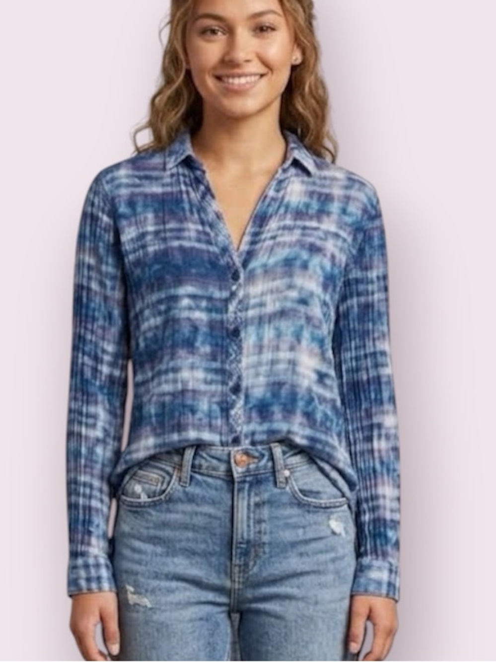 Side Stitch Gauze Bleached Plaid Button Up Top Blue Size Small